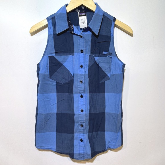 Patagonia Women's XS Sleeveless Button Up Buffalo Check Blue Top Hiking‎ Outdoor - Picture 1 of 7